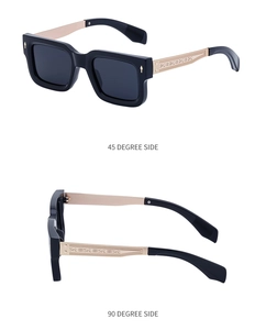 Detailansicht der Retro-Sonnenbrille mit 45- und 90-Grad-Seitenansicht und gravierten Bügeln