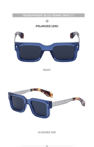 Vorder- und 45-Grad-Ansicht der polarisierten Sonnenbrille mit blauem Rahmen und Metall