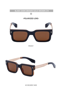 Details einer quadratischen Polarisations-Sonnenbrille mit gold gravierten Bügeln