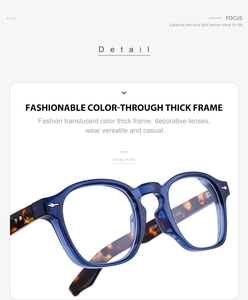 Close-up of translucent dark blue thick frame glasses with tortoise shell temples
