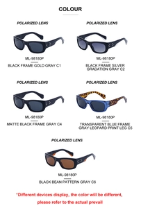 Detailed catalog showing five different color variants of polarized sports sunglasses