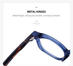 Detail of durable metal hinges and tortoise temple on blue clear round glasses frames