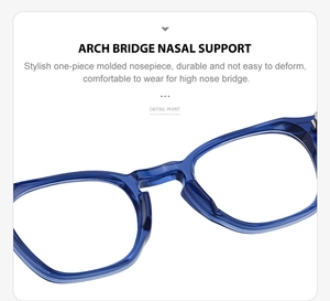 Detailed close-up of dark blue round frame with one-piece molded arch bridge nasal support