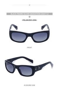 Front and 45-degree side views of black polarized sports sunglasses with silver gradient lenses