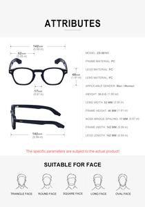 Detailed dimension guide for black round full-frame glasses with PC frame and arms