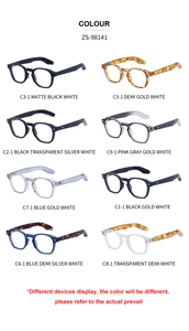 Multiple color options for round optical frames featuring metal hinges and model ZS-98141