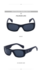 Detail of matte black sport sunglasses with polarized gray lenses and flower rivets