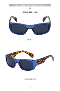 Polarized sports sunglasses featuring transparent blue frames and tortoise temples detail