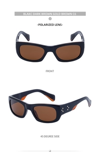 Polarized sunglasses with black square frames and gold star rivets seen from multiple angles