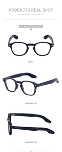 Three-view display of black round frame glasses featuring gold rivet details on the side