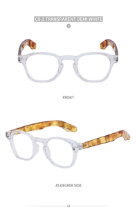 Front and 45-degree side view of transparent round frames with demi brown temples