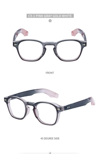 Detail view of round smoke grey frames with pink gradient temples and gold metal rivets