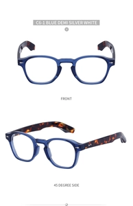 Macro detail of round blue demi frames with silver accents and stylish temples
