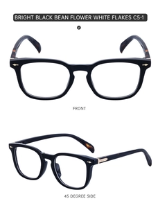 Vues de face et de côté de lunettes carrées noires avec embouts en écaille de tortue