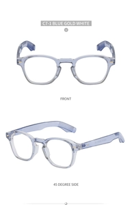 Detail view of translucent blue eyewear frame with gold arrow hinge decoration