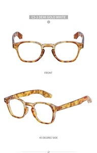 Detailed front and 45-degree side view of vintage demi gold white round glasses frames