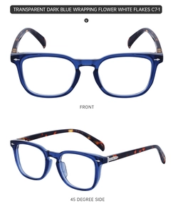 Détail de la monture bleu foncé transparent avec branches à motif floral en écaille de tortue