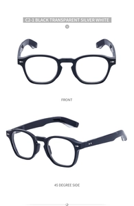 Close-up of classic black acetate eyeglass frames with silver rivet details and side view