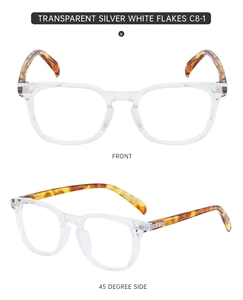 Vues de face et de côté des lunettes carrées transparentes argentées avec branches écaillées