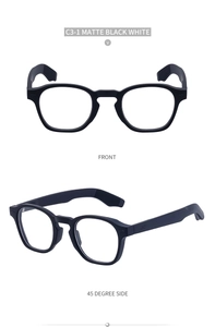 Detail view of matte black and white round frames in front and 45-degree angles