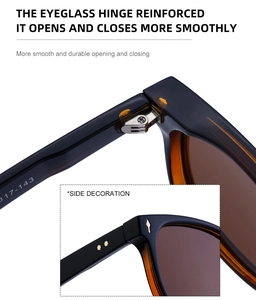 Détail de la charnière en métal et du décor doré sur lunettes de soleil ambre carrées