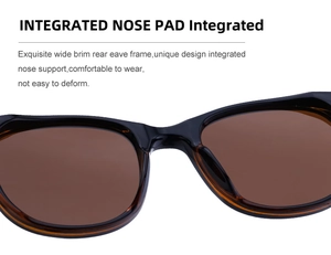 Détail des plaquettes de nez intégrées sur lunettes polarisées carrées à monture ambre