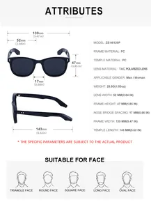 Spécifications détaillées des dimensions pour lunettes de soleil polarisées ZS-98139P