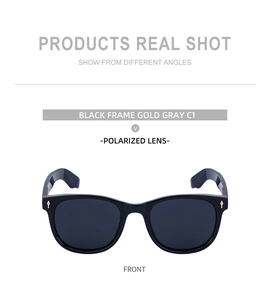 Détails de lunettes de soleil noires carrées avec verres polarisés et accents dorés
