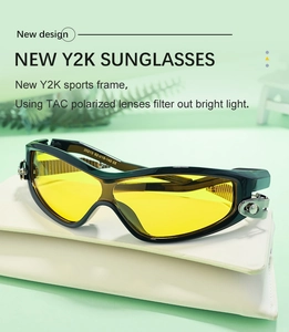 Y2K sporty sunglasses with yellow TAC polarized lenses and black frame in a leather case