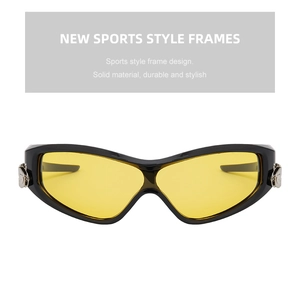 Detail view of durable black sports sunglasses with high-contrast yellow tinted lenses