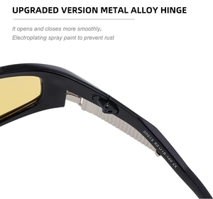 Macro shot of upgraded alloy hinges with rust-proof coating on sporty sunglasses