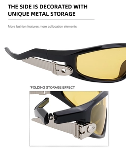 Macro view of silver striped metal hinge and foldable temple on sports sunglasses