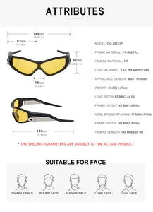 Detailed size chart for oversized sports sunglasses with frame and lens measurements