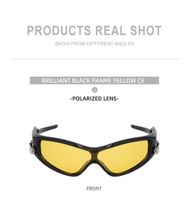 Detail of sports sunglasses with brilliant black frame and yellow polarized lens