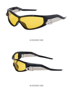 Detail view of sports sunglasses featuring yellow lenses and silver temple decoration
