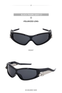 Front and 45-degree side views of black sporty sunglasses with metal temple details