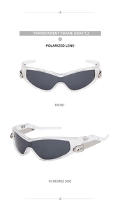 Front and 45-degree views of sports sunglasses with transparent frames and grey lenses