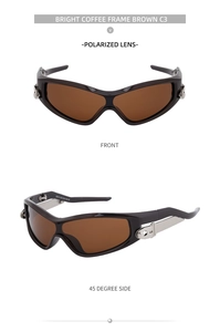 Detail view of bright coffee cycling sunglasses showing silver temple hinge and brown lens