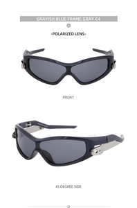 Front and side view of grey-blue wrap sports sunglasses with grey polarized lenses