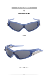 Detail of blue polarized sports sunglasses featuring metallic accents and sleek wrap frame