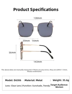 Detailed sizing chart and specifications for oversized metal polarized sunglasses