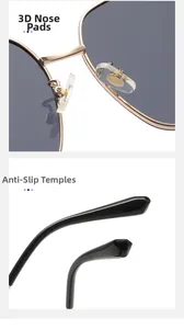 Detail view of anti-slip nose pads and ergonomic temple tips on metal sunglasses