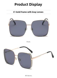 Detailed front and side view of gold metal square sunglasses with grey polarized lenses