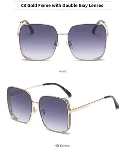 Front and 45-degree angle view of golden square frame polarized sunglasses with gradient lenses