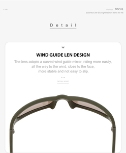 Detail of matte olive green cycling sunglasses with anti-blue light and wind guide design