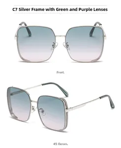 Detail of silver metal frame sunglasses with green and purple gradient lenses