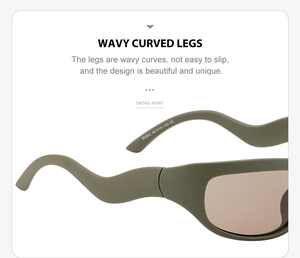 Detail of olive green wavy curved legs on Y2K sporty sunglasses with CE mark