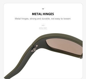 Detail of durable metal hinges and olive green matte frame on Y2K sporty sunglasses