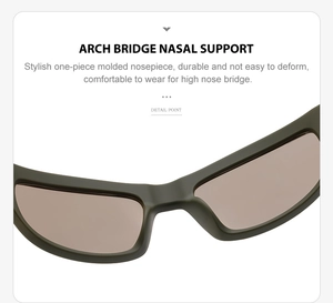 Macro detail of the green Y2K sports sunglasses featuring arch bridge nasal support