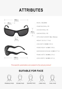 Detailed size specifications and dimensions for Y2K sporty wraparound sunglasses